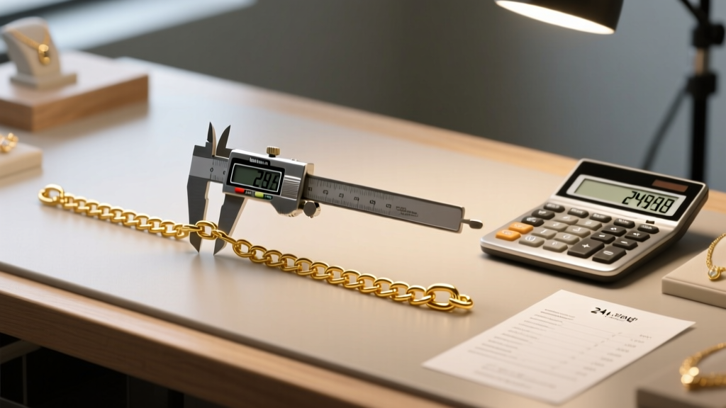 Jeweler workbench showing a 24-inch gold-filled chain measured with digital calipers next to a calculator and pricing sheet.