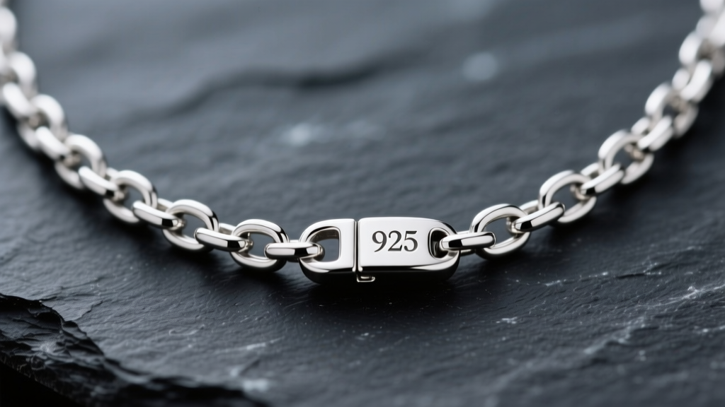 Close-up of a polished Italy 925 silver necklace chain on dark slate, highlighting intricate links and a stamped hallmark clasp.