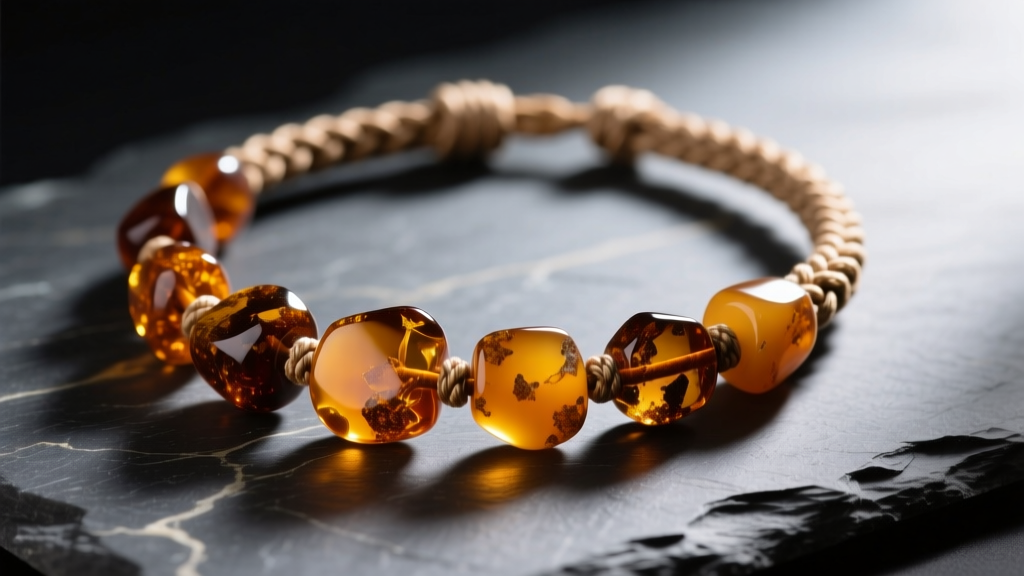 Close-up of an unpolished raw amber necklace with cognac and butterscotch beads on a knotted silk cord, resting on dark slate.