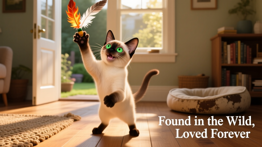 Playful flame point Siamese kitten batting at a toy with both front paws raised