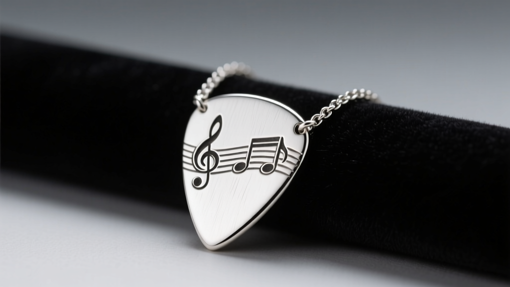 Sterling silver guitar pick necklace resting on dark velvet, soft studio lighting highlighting engraved details and beveled edges.