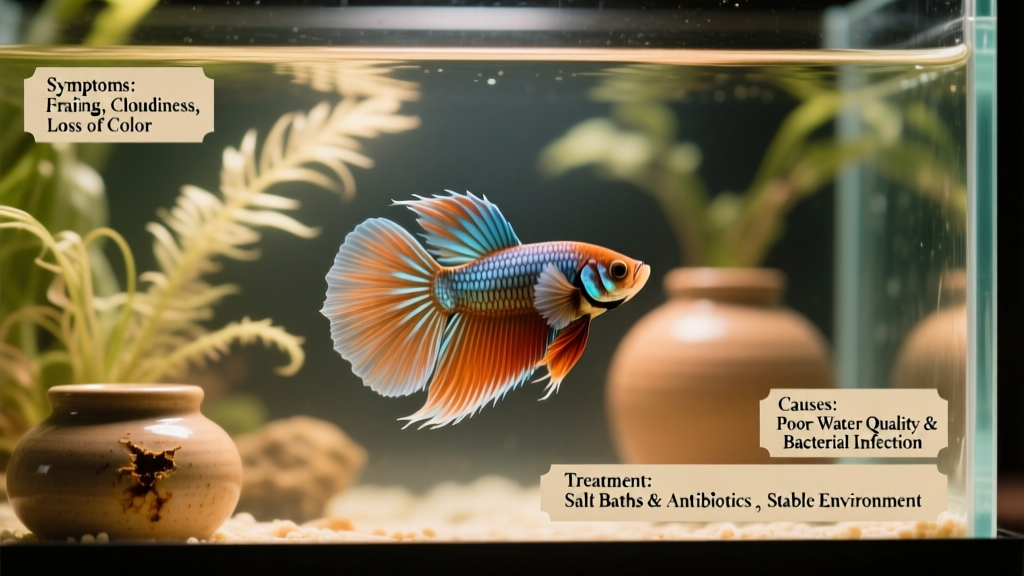 Well-maintained betta aquarium with gentle lighting, silk plants, smooth ceramic decor, and clear water