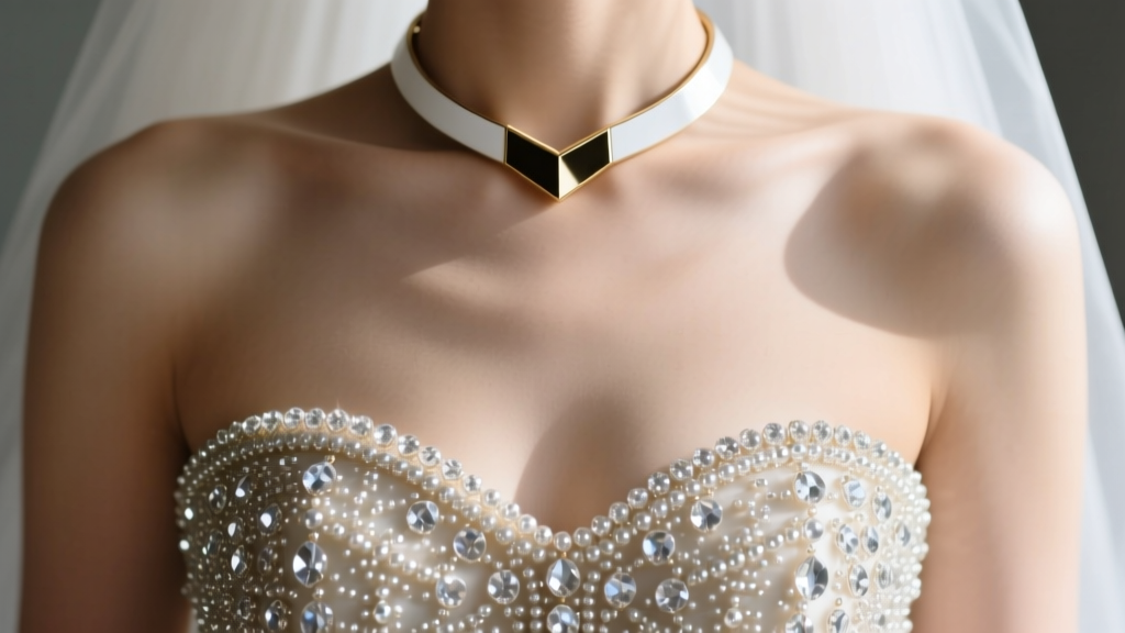 Macro shot of a heavily beaded crystal strapless bodice contrasted with a minimalist 14k white gold collar necklace on a bride.