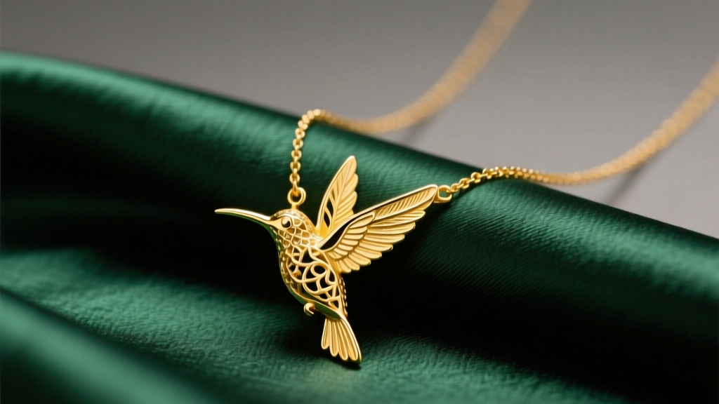 Macro shot of an 18k yellow gold hummingbird pendant necklace resting on dark emerald silk fabric under soft, warm studio light.