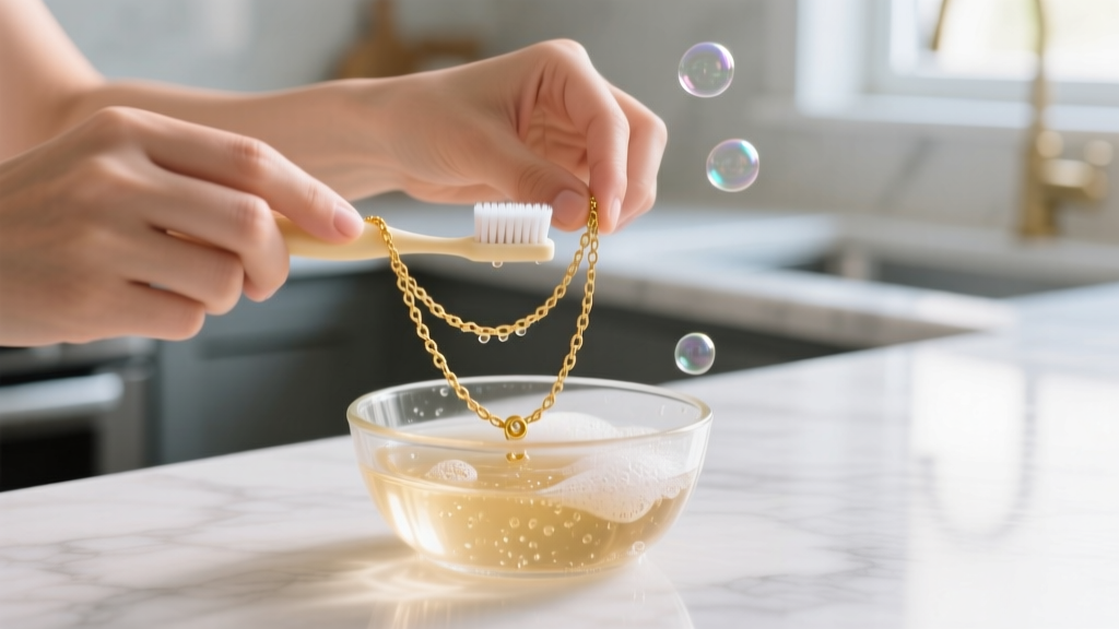 Hands using a soft baby toothbrush to gently scrub a delicate gold cable necklace chain in a small glass bowl of warm soapy water