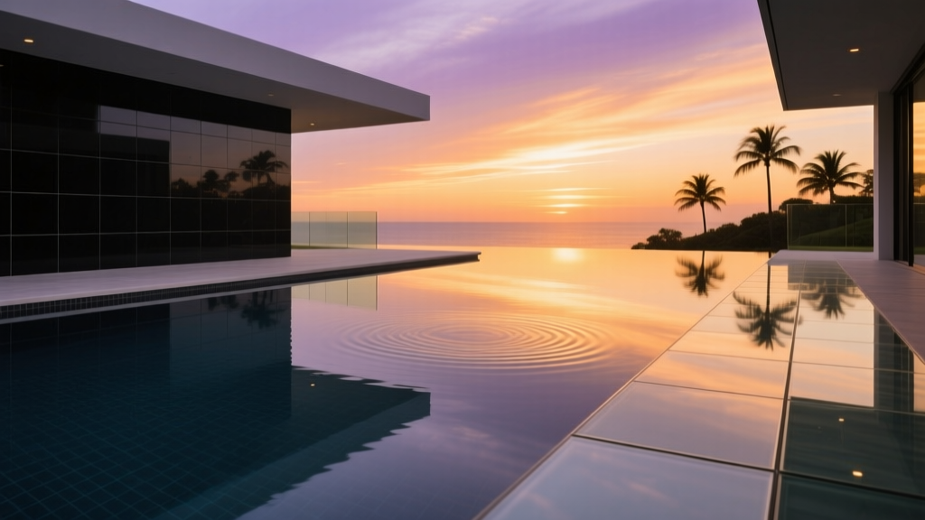 Modern infinity edge swimming pool featuring dark nano-ceramic interior finish and sleek recycled glass composite decking at sunset