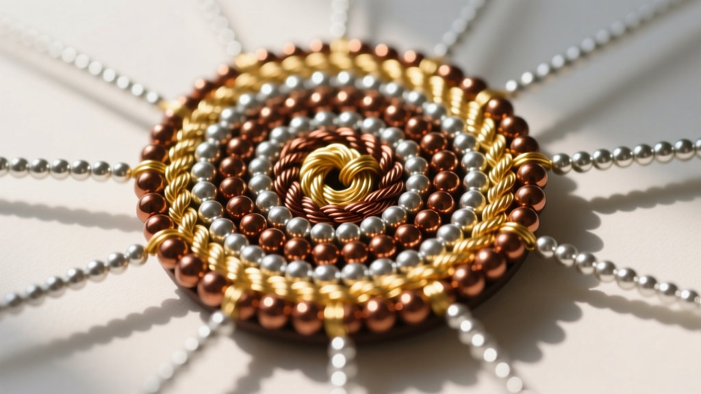 Top-down view of an eight-strand Kumihimo braiding disk in progress, showing metallic Japanese seed beads forming a spiral rope.