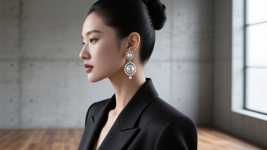 Side profile of a woman with an updo wearing modern baroque pearl double drop earrings paired with a dark structured blazer.