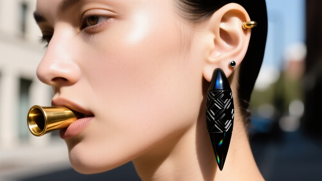 Model displaying mismatched 6mm stretched lobes, one with a raw brass tunnel and the other a carved obsidian plug in daylight.