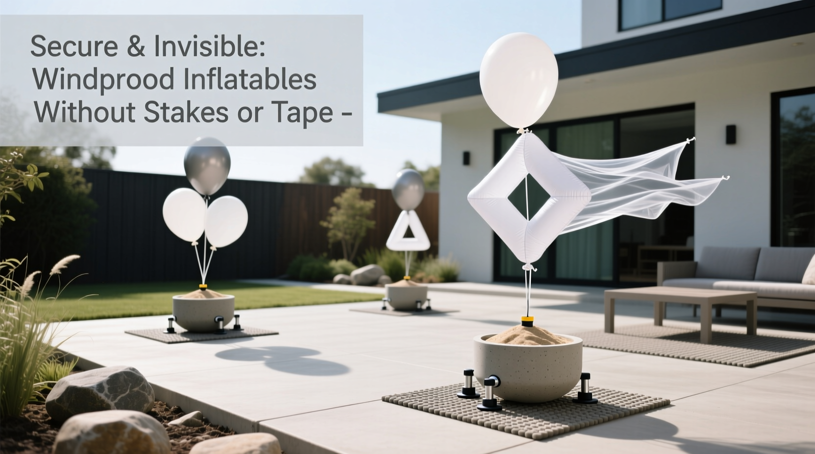 how to secure lightweight outdoor inflatables on windy days without visible stakes or tape