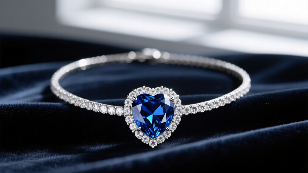 Studio shot of a Heart of the Ocean necklace with a deep blue sapphire center and diamond halo resting on dark velvet fabric