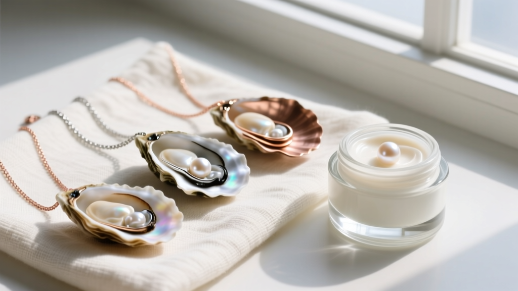 Three oyster shell necklaces on linen with varied metal backings beside a jar of pearl cream, lit by soft diffused window light.