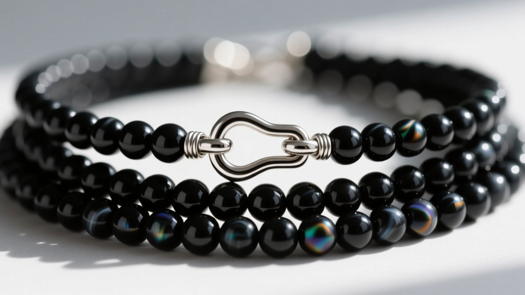 Close-up macro shot of a stainless steel toggle clasp securing a 49-strand beading wire on a matte onyx beaded wrap necklace.