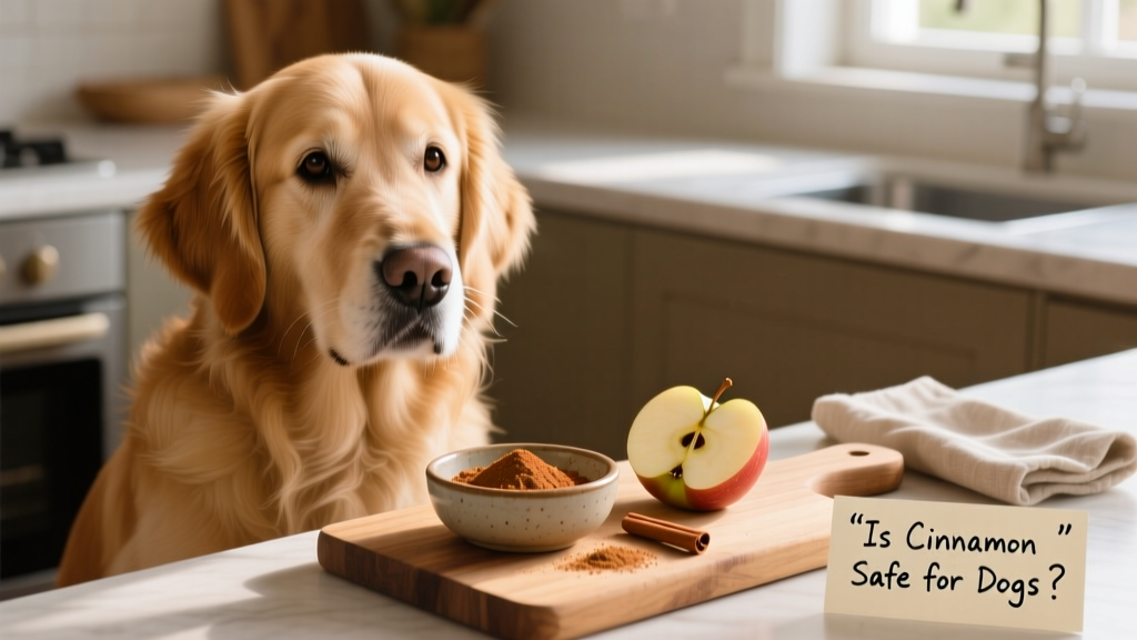 A golden retriever sitting beside a small bowl of ground cinnamon next to a fresh apple slice