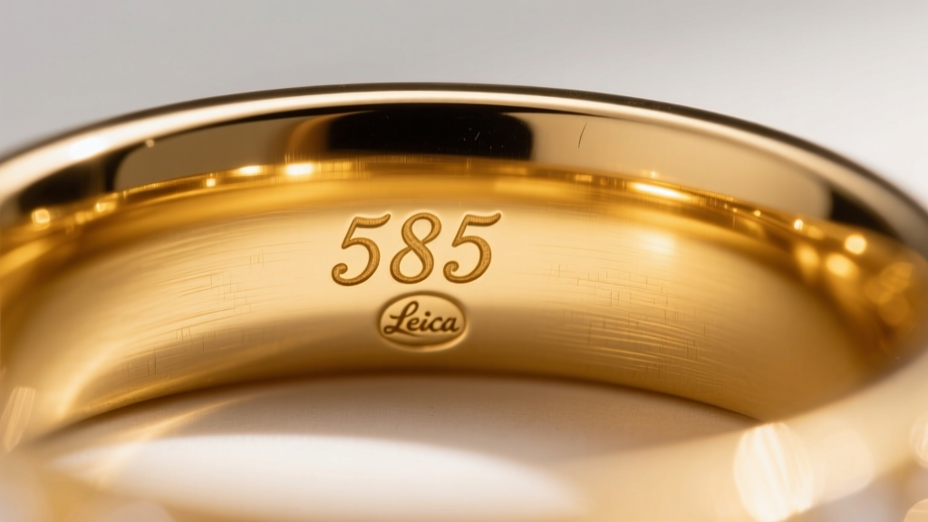 Close-up of a 14k yellow gold ring shank interior showing crisp 585 and maker