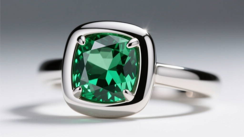 Macro shot of a platinum bezel setting holding a vibrant green peridot gemstone, highlighting the thick, polished metal rim edge.