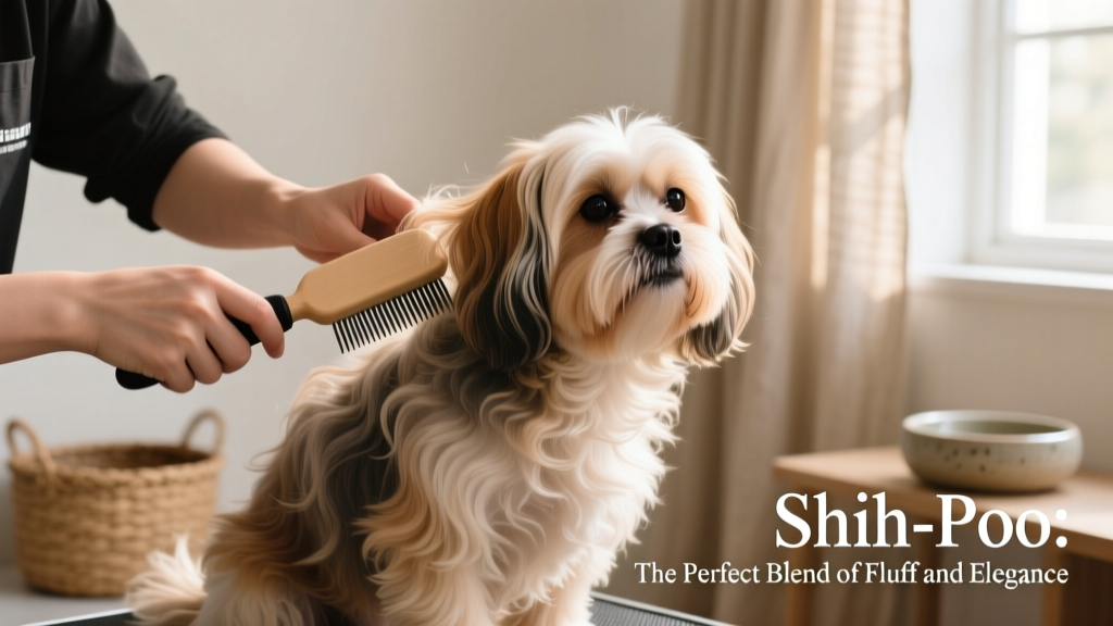 A groomer gently brushing a Shih-Poo’s long, wavy coat with a slicker brush