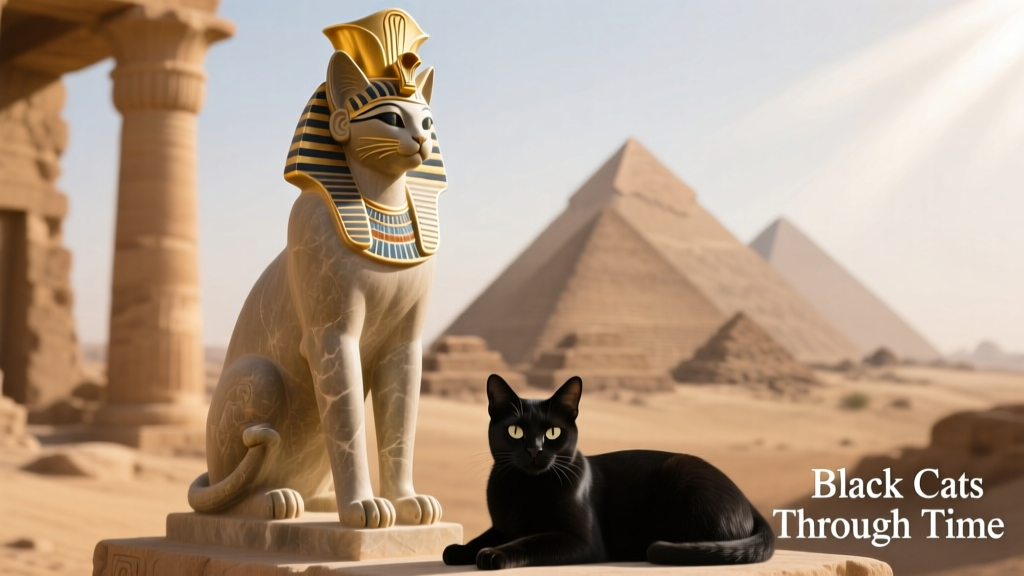 Ancient Egyptian statue of the goddess Bastet with a feline head, symbolizing protection and reverence for cats