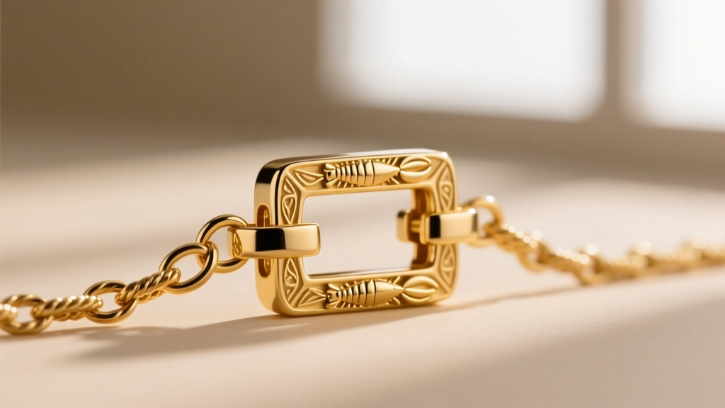 Macro photography of a 5x9mm 14k gold lobster clasp attached to a 2-inch extender chain on a 16-inch rope chain, sharply focused