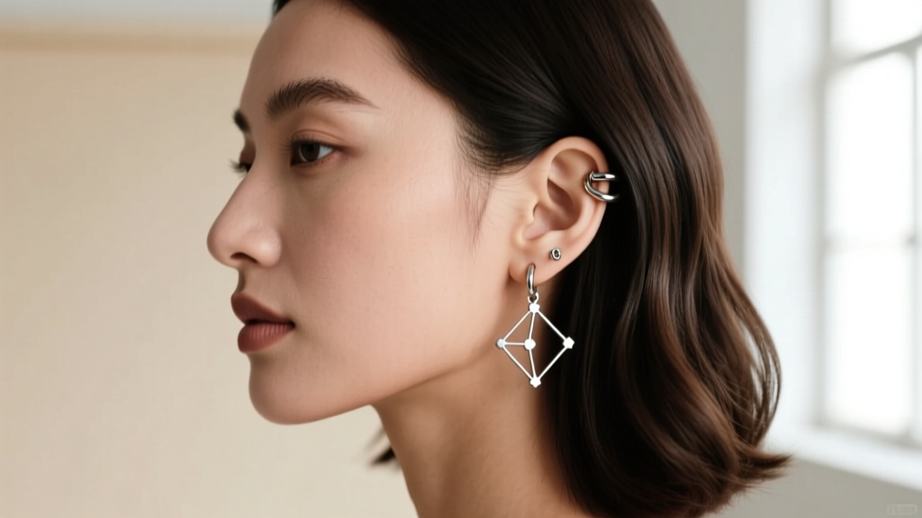 Side profile of a woman showcasing a curated right ear constellation with a 16-gauge titanium helix cuff and lobe drop earrings.