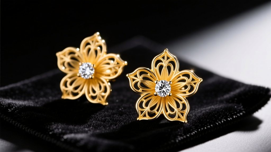 Macro photography of intricate 18k yellow gold flower earrings with diamond centers resting on a dark velvet cleaning mat
