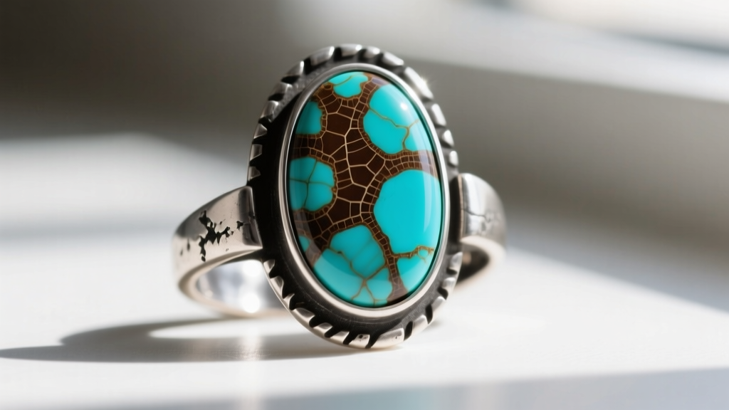 Macro photography of a raw Kingman turquoise cabochon set in oxidized sterling silver, showing deep brown matrix webbing clearly.