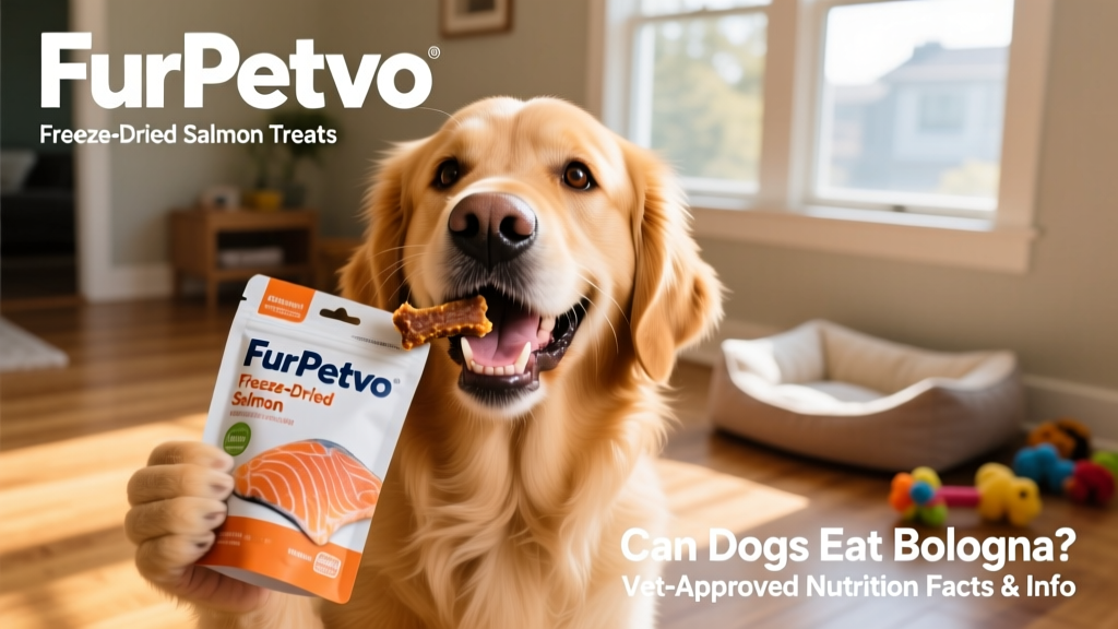 A happy dog holding a FurPetVo freeze-dried salmon treat in its mouth, with packaging visible in background