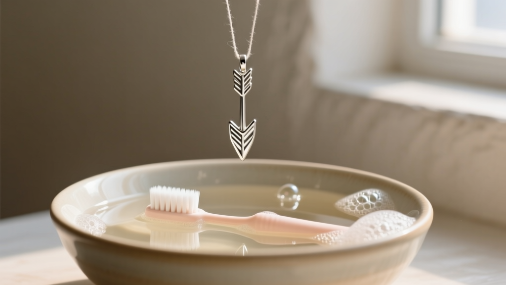 Small ceramic bowl with warm soapy water and a soft baby toothbrush gently scrubbing a sterling silver stand arrow pendant.
