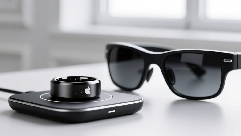 Close-up of a matte black titanium smart ring resting on a magnetic wireless charging dock next to a pair of spatial computing glasses.