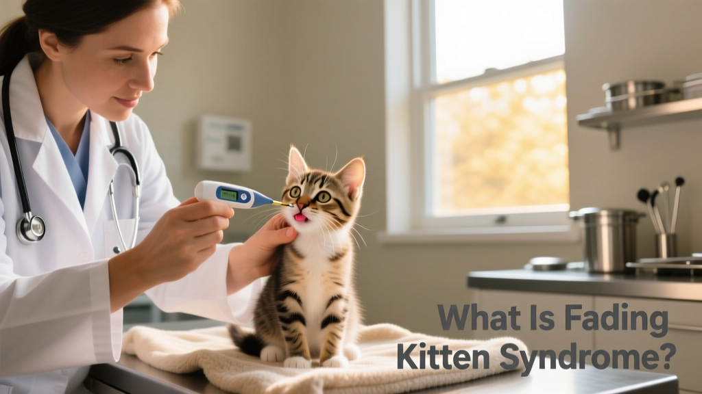 A veterinarian gently checking the temperature and gum color of a small, alert kitten during a wellness exam