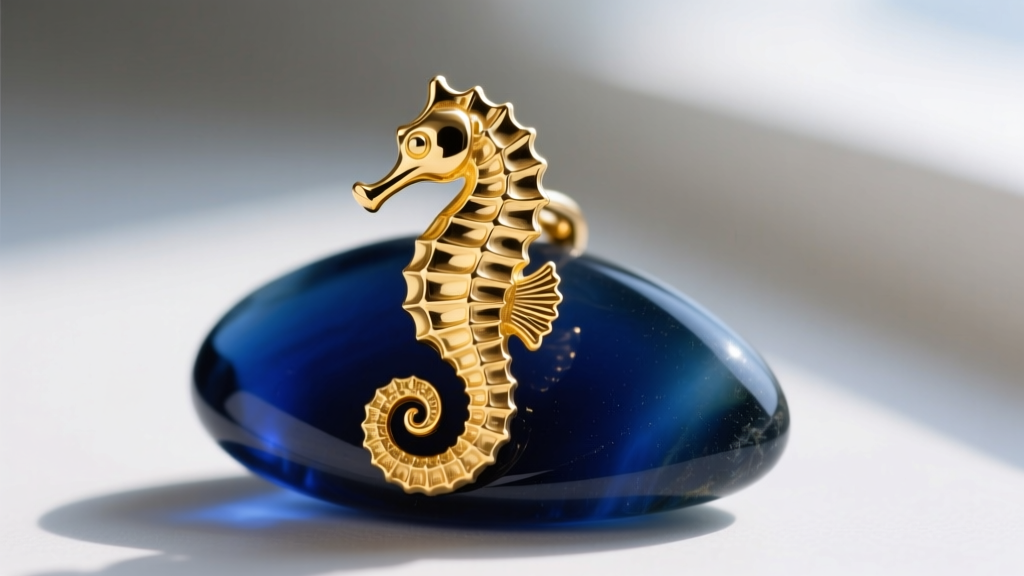 Macro shot of a solid 14k yellow gold seahorse pendant resting on dark blue sea glass, highlighting the intricate dorsal fin and curled tail.