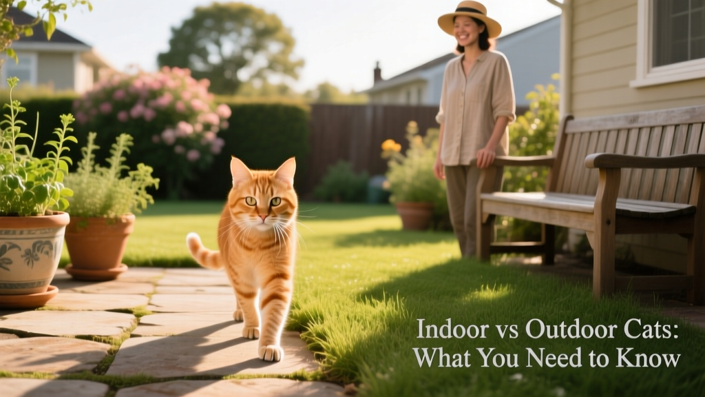 A curious cat cautiously stepping onto a grassy patio, supervised by a caregiver nearby
