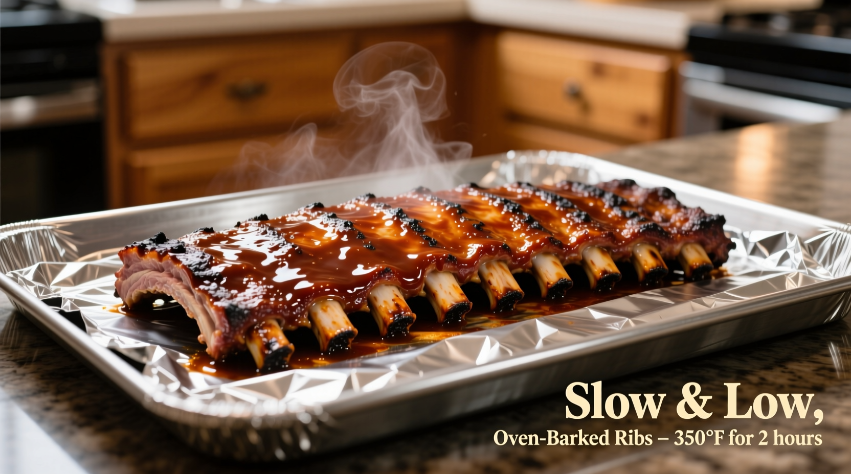 Oven-baked ribs on a baking sheet with foil
