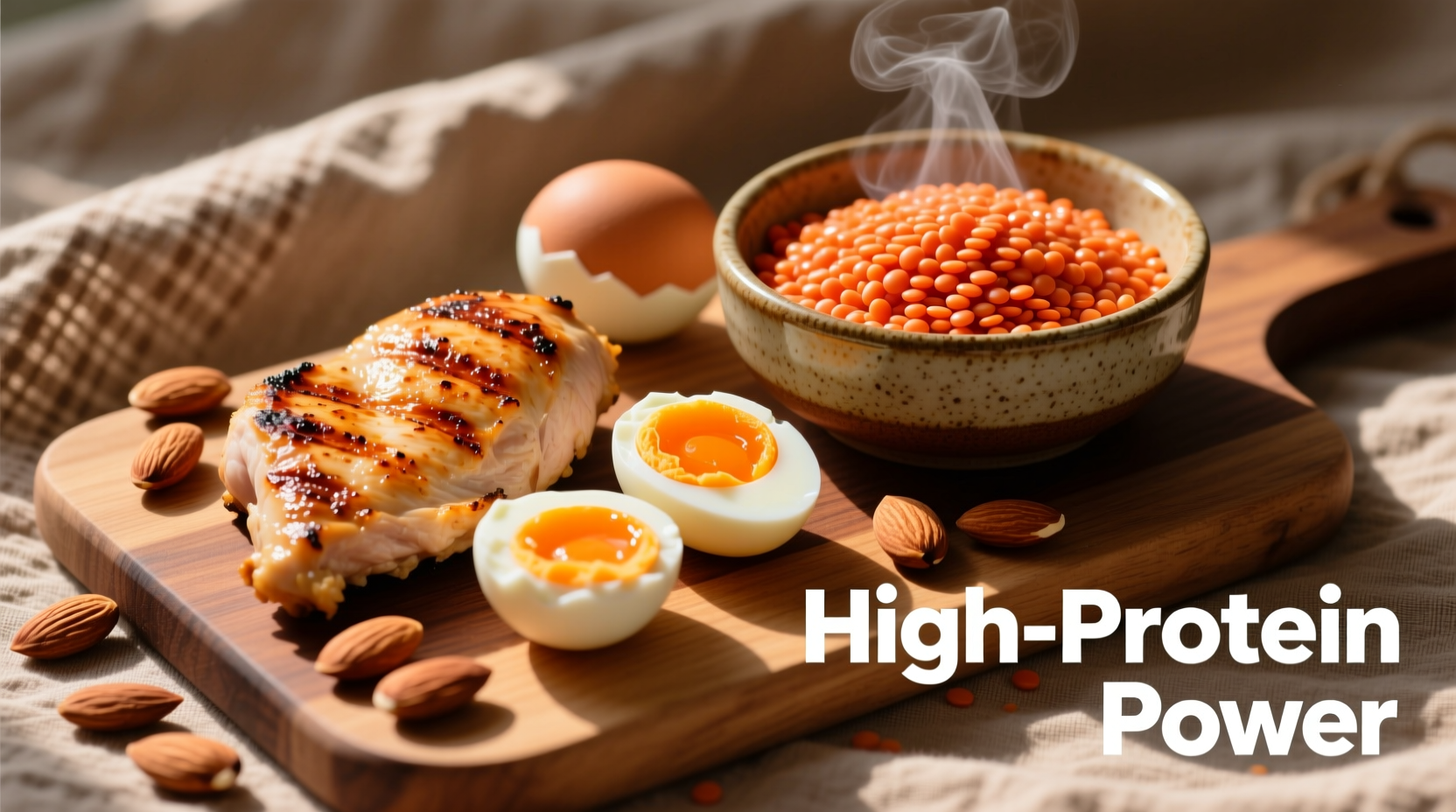 Colorful assortment of high-protein foods including chicken, eggs, lentils, and almonds