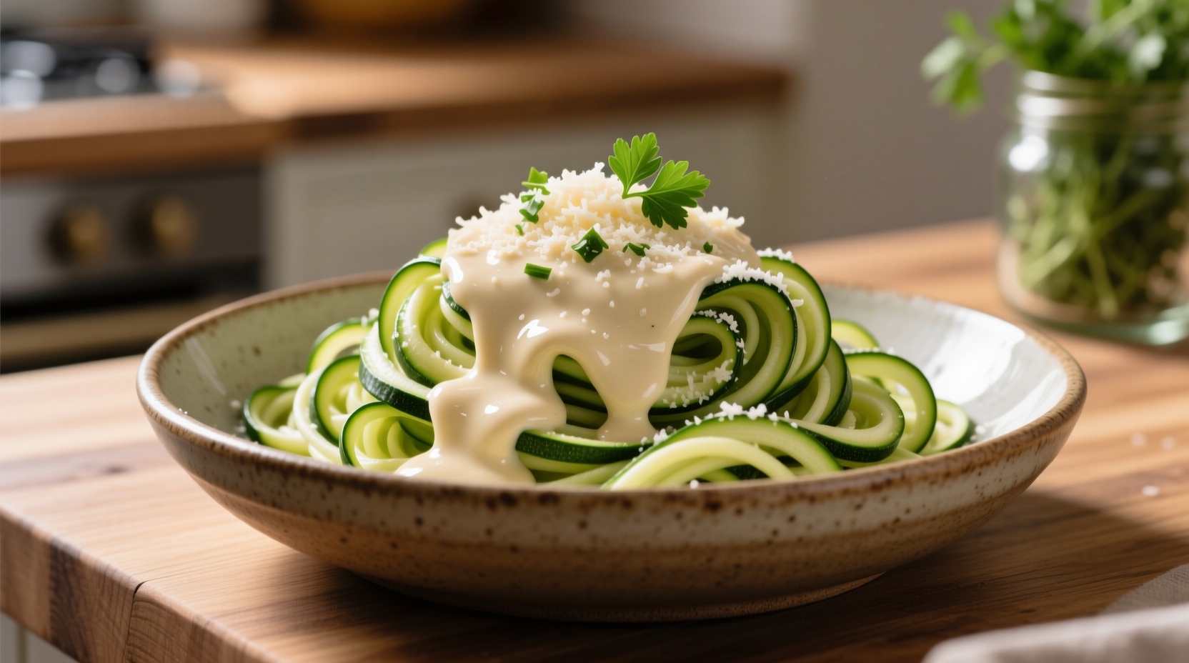 Creamy cauliflower alfredo sauce poured over zucchini noodles