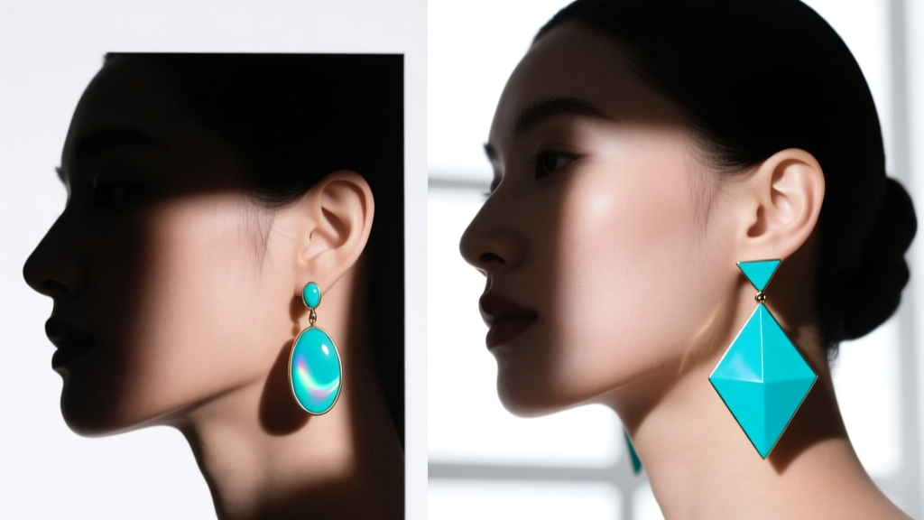 Layout showing a square face with oval turquoise dangles next to a round face wearing geometric turquoise statement drop earrings