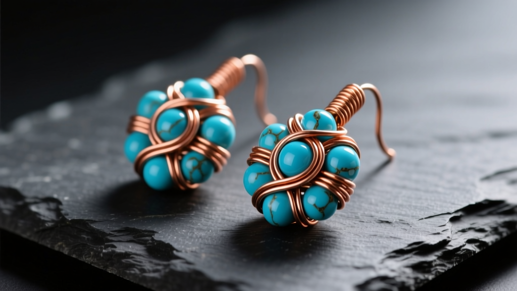 Macro shot of handmade turquoise and copper wire-wrapped beaded earrings resting on dark slate under warm directional studio lighting
