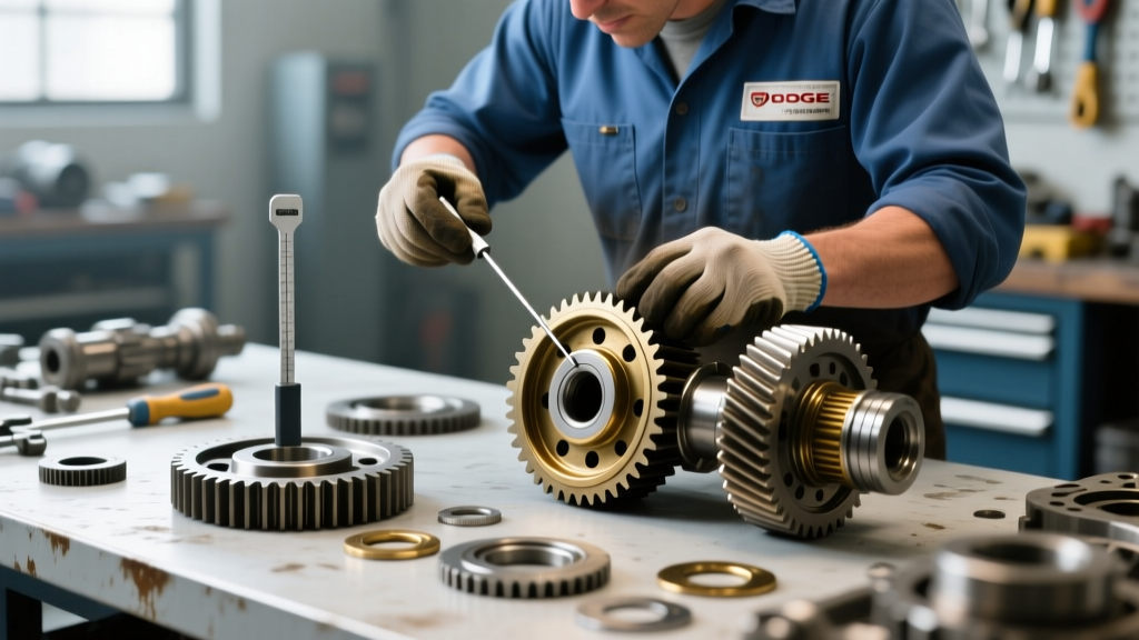 Mechanic measuring synchro ring gap with feeler gauge on a Dodge Ram NV4500 manual transmission gear assembly