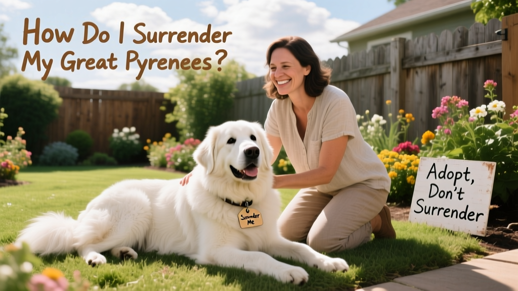 A happy Great Pyrenees relaxing in a new backyard with a smiling adopter nearby