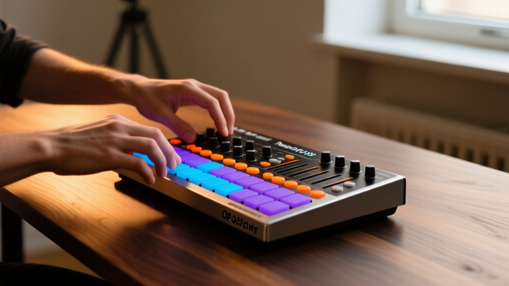 Musician hands playing the Teenage Engineering OP-XY groovebox on a dark oak studio desk illuminated by warm LED bias lighting