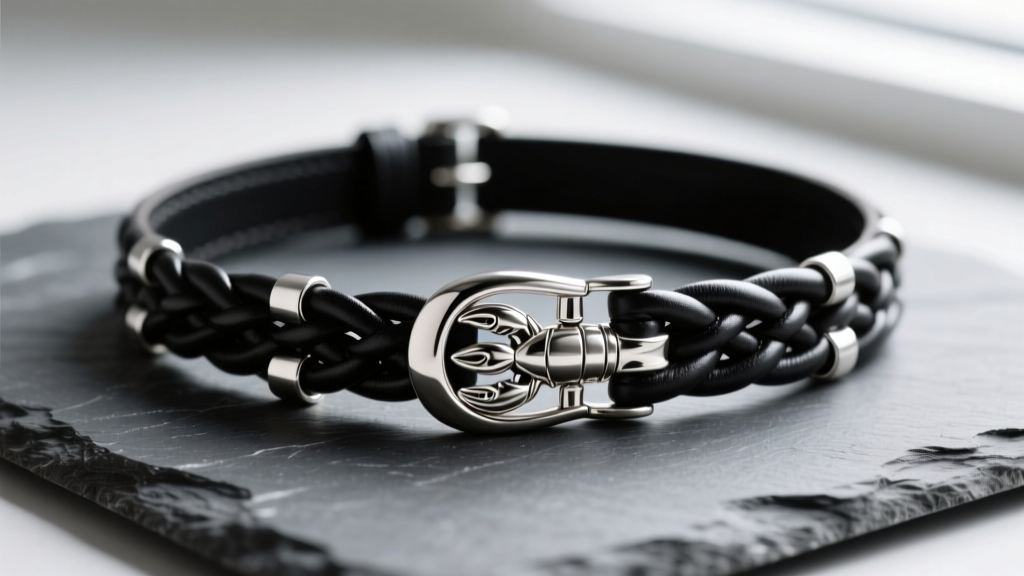 Macro shot of a braided black leather and sterling silver mens choker on slate, highlighting a brushed metal lobster clasp