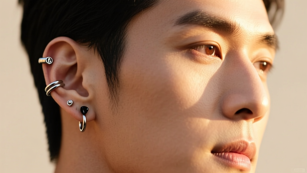 Profile of a man with a curated left ear featuring a lobe hoop, 16-gauge helix cuff, and tragus stud, lit by warm sunlight.