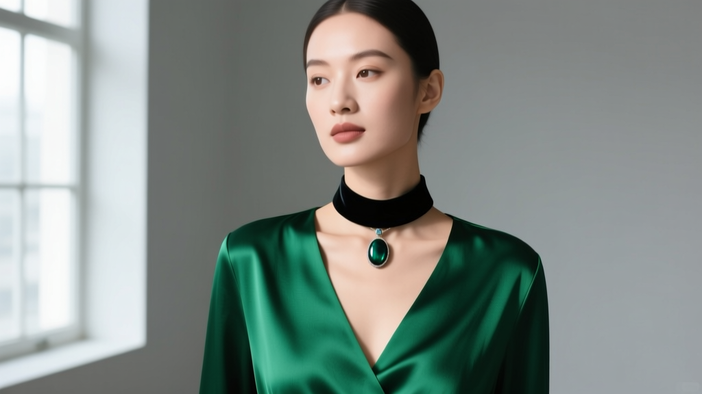 Woman wearing an elegant black velvet choker necklace with an onyx pendant, styled with a deep V-neck emerald green silk blouse
