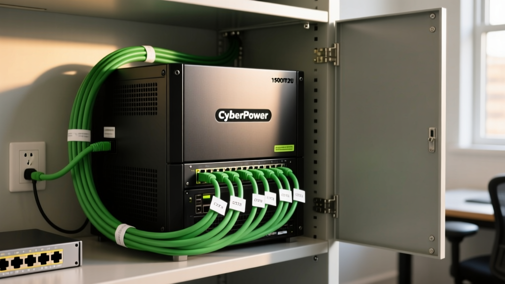 A CyberPower PR1500RT2U rackmount UPS system installed in a 12U home lab cabinet with thick green grounding cables and CAT6 patch cables.