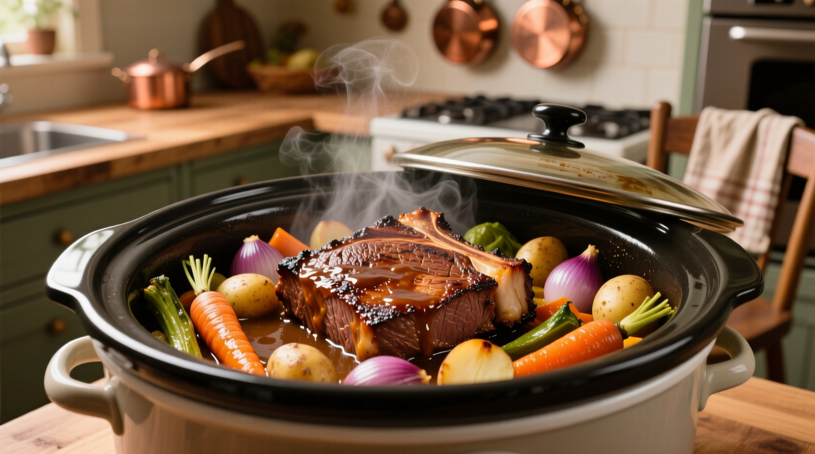 Slow cooker filled with seared chuck roast surrounded by vegetables