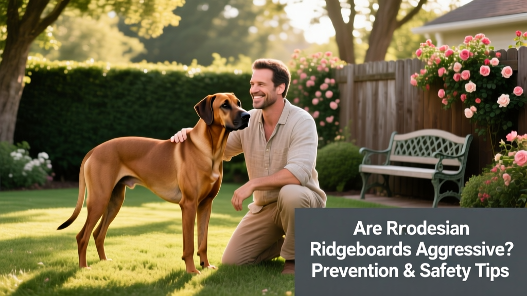 A well-groomed Rhodesian Ridgeback standing calmly beside its owner in a sunlit backyard