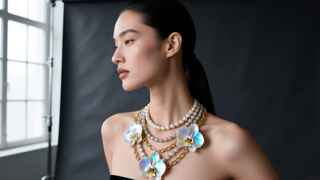 Model wearing a multi-strand necklace lei of carved mother-of-pearl orchids and 18k gold links against a dark studio backdrop.