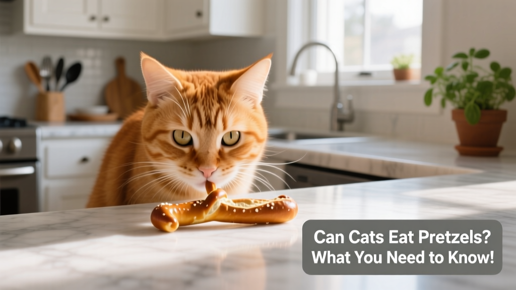 Close-up of a curious cat sniffing a plain pretzel stick on a kitchen counter
