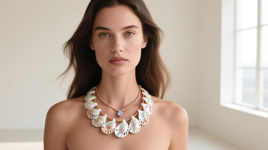 Editorial shot of a model layering a white laiki Niihau shell necklace with a thin 14k rose gold diamond pendant.