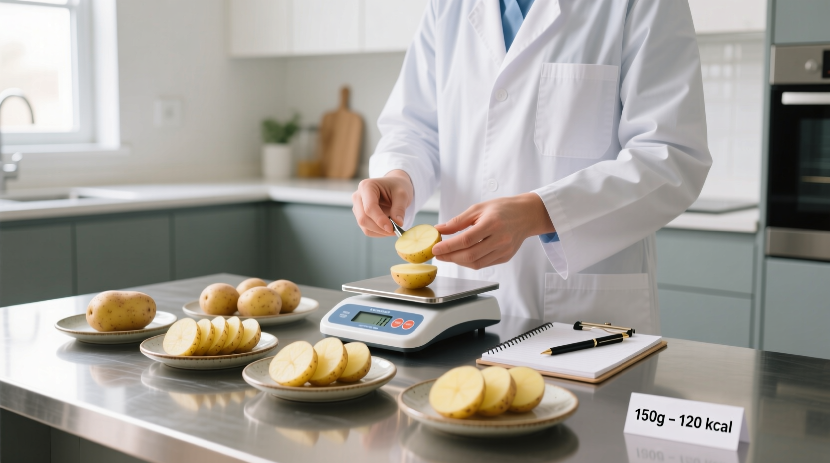 Nutritionist measuring potato portions for calorie counting